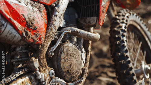 Close up of damage to motocross bikes side, showcasing mud and dirt accumulation on engine and frame. rugged terrain highlights bikes wear and tear, emphasizing its adventurous spirit