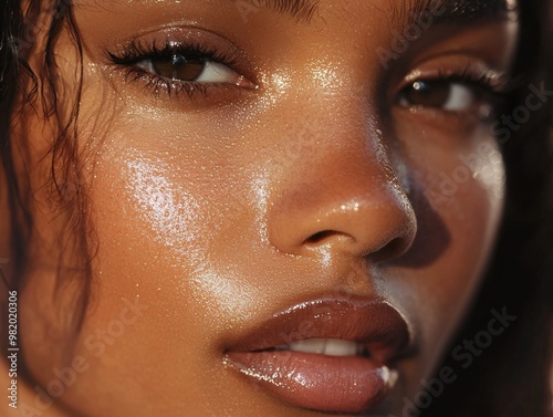 Captivating Close up Portrait of a Radiant and Dewy Skinned Female Model with Flawless Makeup and