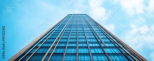 Capture a dramatic worms-eye view of a skyscraper contrasting against the sky, incorporating abstract elements suggesting customer feedback