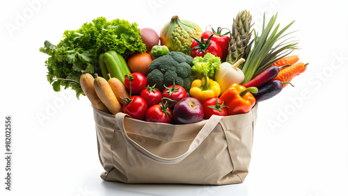 A bag of fresh produce including fruits and vegetables on a clean white background, fresh, produce, vegetables, fruits