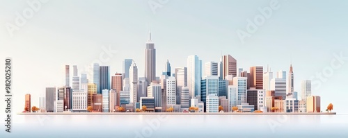 Illustrate a detailed frontal view of a modern city skyline, showcasing towering skyscrapers and sleek buildings, with digital realism