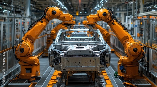 Industrial robots assemble a car on a modern automated production line in a futuristic factory setting.