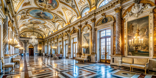 Luxurious interior of the Royal Palace museum in Genova, Italy featuring marble, gallery with windows, and mirrors, Genova