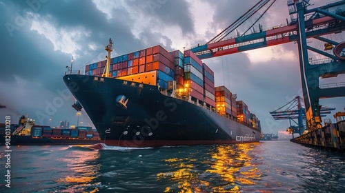 A massive cargo ship being loaded with colorful containers at dusk, showcasing bustling port activity and vibrant reflections.