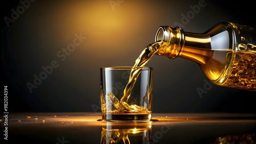 Shiny golden liquid pouring from glass bottle on dark background, Gold, liquid, pouring, glass, bottle, shiny, metallic