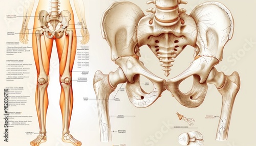 Detailed anatomical illustration of the human pelvic and leg bones, with labels for all major structures