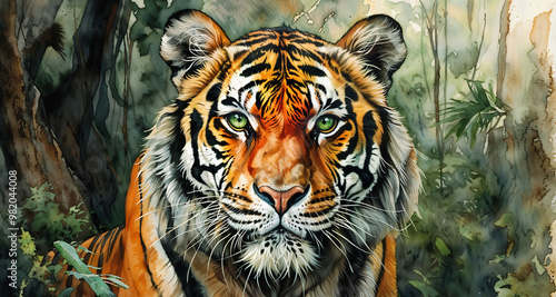 Tiger in the jungle. Watercolor painting. Wildlife scene.