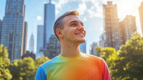 Smiling Man In Rainbow T-Shirt Against City Skyline