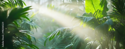 Mist rising inside a tropical greenhouse, leaves glistening with humidity, Botanical