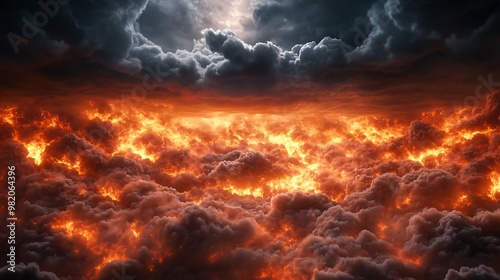 An intense landscape depicting fiery clouds illuminated by a dramatic lighting, showcasing the power of nature's fury.