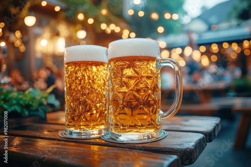 A photo of a beer mug on a wooden table. The concept of the holiday.