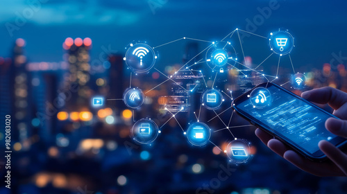 5G technology networks enable internet connectivity for wireless devices globally. This advanced technology is vital for businesses in the digital landscape, showcasing smartphones in hand and icon.