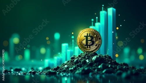 A bitcoin with a rising trend line and futuristic cityscape, representing cryptocurrency growth and digital financial markets