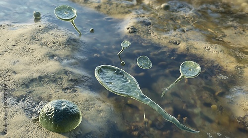 A singlecelled amoeba extending its pseudopods in search of food within a watery habitat