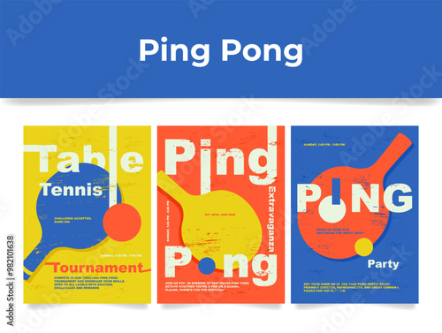 Ping pong table tennis tournament party grunge poster design template set vector flat