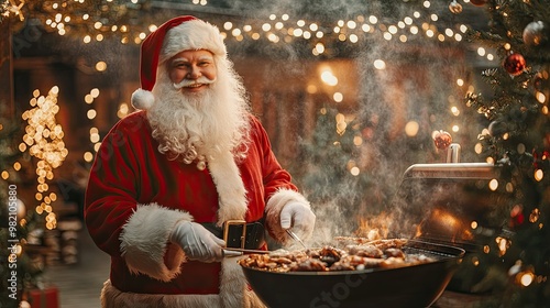 Christmas BBQ hosted by Santa Claus, grilling food under festive lights and decorations. A cheerful holiday scene blending Santaaes charm with outdoor fun.