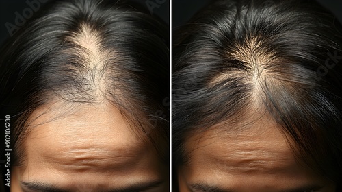 Detailed documentation of hairline changes, featuring thinning at the temples before, and after a hair transplant showing a restored, natural hairline