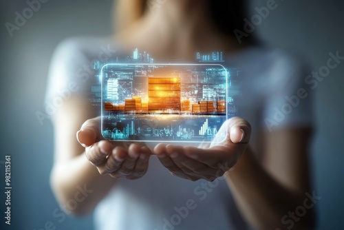 Hologram of a shipping manifest from freight forwarding in womans hands