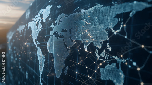 Cross-border e-commerce logistics with containers and shipping routes mapped across international borders, showcasing global supply chains and trade networks photo