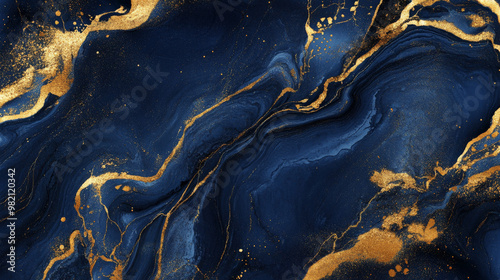 A luxurious liquid marble background in deep navy blue with flowing gold veins, creating an elegant and rich texture with realistic fluid patterns.