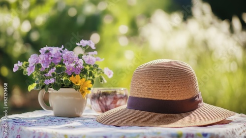 Elegant Women's Hat on Summer Table in Garden Setting