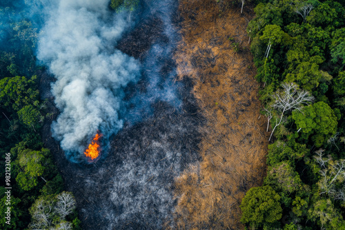 Aerial view of deforestation in the Amazon rainforest, with large areas cleared, representing the devastating impact of human activity on climate change and the loss of biodiversity