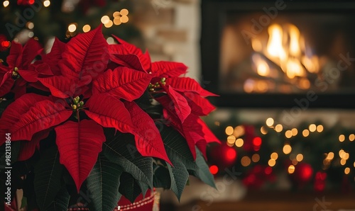 A red poinsettia plant sits in front of a fireplace