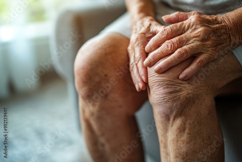 elderly person experiencing knee pain, holding swollen joint with hands while seated at home, close-up of aging skin and arthritis symptoms