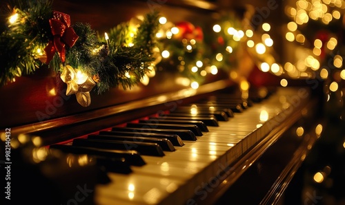 A piano with a wreath of Christmas lights hanging from it