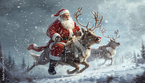 Santa riding a reindeer in a blizzard, in a realistic cartoon style