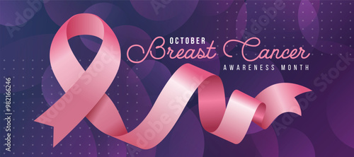 Breast cancer awareness month - Pink ribbon awareness sign on dark blue purple abstract circle and dot texture background vector design