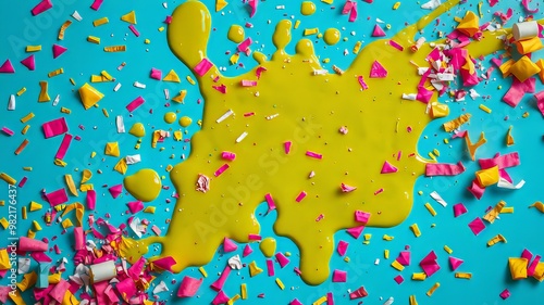 A wet, greenish-yellow substance splatters onto a bright blue background with splattered confetti, leaving a muddled