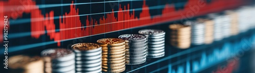 coins with a financial graph background, depicting trends in currency and market performance.