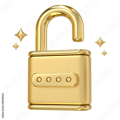 Golden Unlocked Padlock, A gleaming symbol of access and security, this 3D rendering of an unlocked padlock shimmers with potential