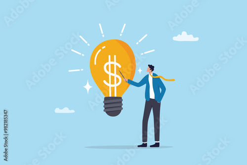 Idea pitching, startup idea or entrepreneurship funding, venture capital meeting, business idea to make money presentation, investment discussion concept, businessman present money idea lightbulb.