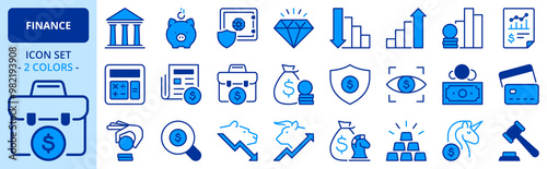 Icons in two colors about finance. Financial concept.