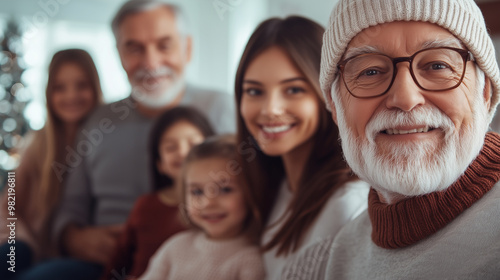 Large family gathered on the couch, grandparents, parents, and children smiling together, warm and welcoming living room atmosphere, family connection, copy space