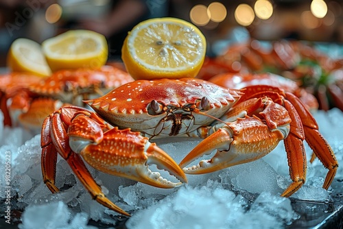 Close up of raw red crab and fresh crab meat at seafood market, appetizing crustaceans on ice