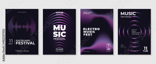 Music poster design background vector set. Electro Sound Cover template with vibrant abstract gradient geometric shape and line wave. Ideal design for social media, flyer, party, music festival, club.