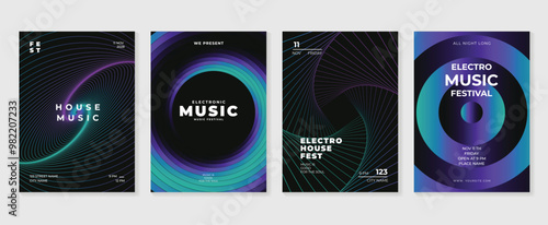 Music poster design background vector set. Electro Sound Cover template with vibrant abstract gradient geometric shape and line wave. Ideal design for social media, flyer, party, music festival, club.