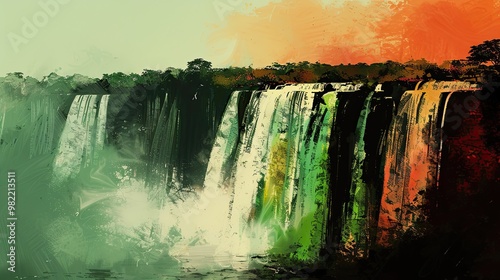 Victoria Falls in unreal green red black and orange colors set under bright skies