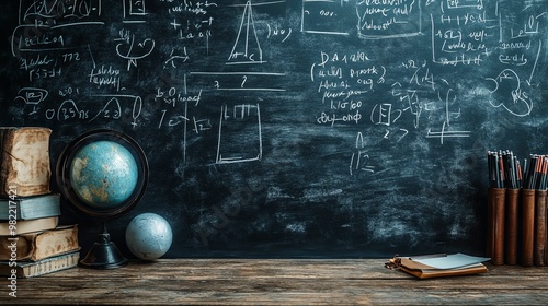 A Globed Earth, Textbooks and a Chalkboard Filled with Math Equations