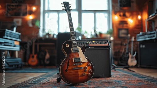 A Sunburst Electric Guitar Leaning Against a Guitar Amplifier on a Carpet