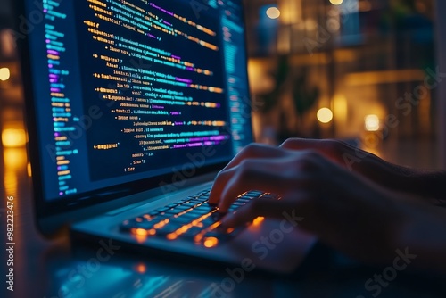 Closeup of hands typing on a keyboard with digital technology, software development concept. Coding programmer, software engineer working on laptop