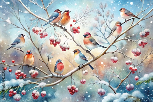 Softly colored watercolor painting of a flock of snow-dusted birds perched on skeletal winter trees, surrounded by delicate snowflakes and frosty berries