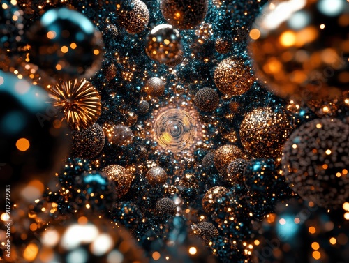 A mesmerizing scene of golden and blue glittering spheres spiraling inward, creating an abstract, cosmic-like visual effect.