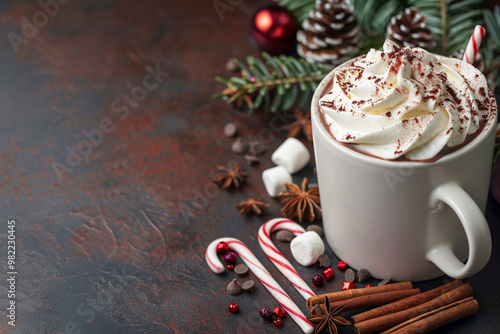 Cup with cocoa and marshmallow on the wooden table. New year and Christmas holidays, winter flat lay background.