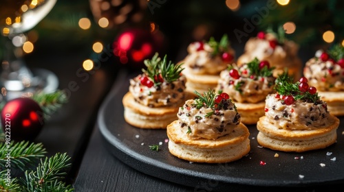 festive canapes featuring truffle spread on crackers, a decadent holiday appetizer idea displayed on a banner for a gourmet christmas