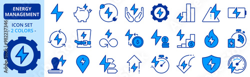 Icons in two colors about energy management. Sustainable development