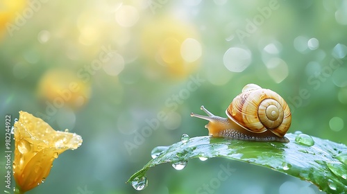 A snail rests on a dewy leaf, surrounded by soft yellow flowers and a blurred, vibrant green background, creating a serene, natural scene.